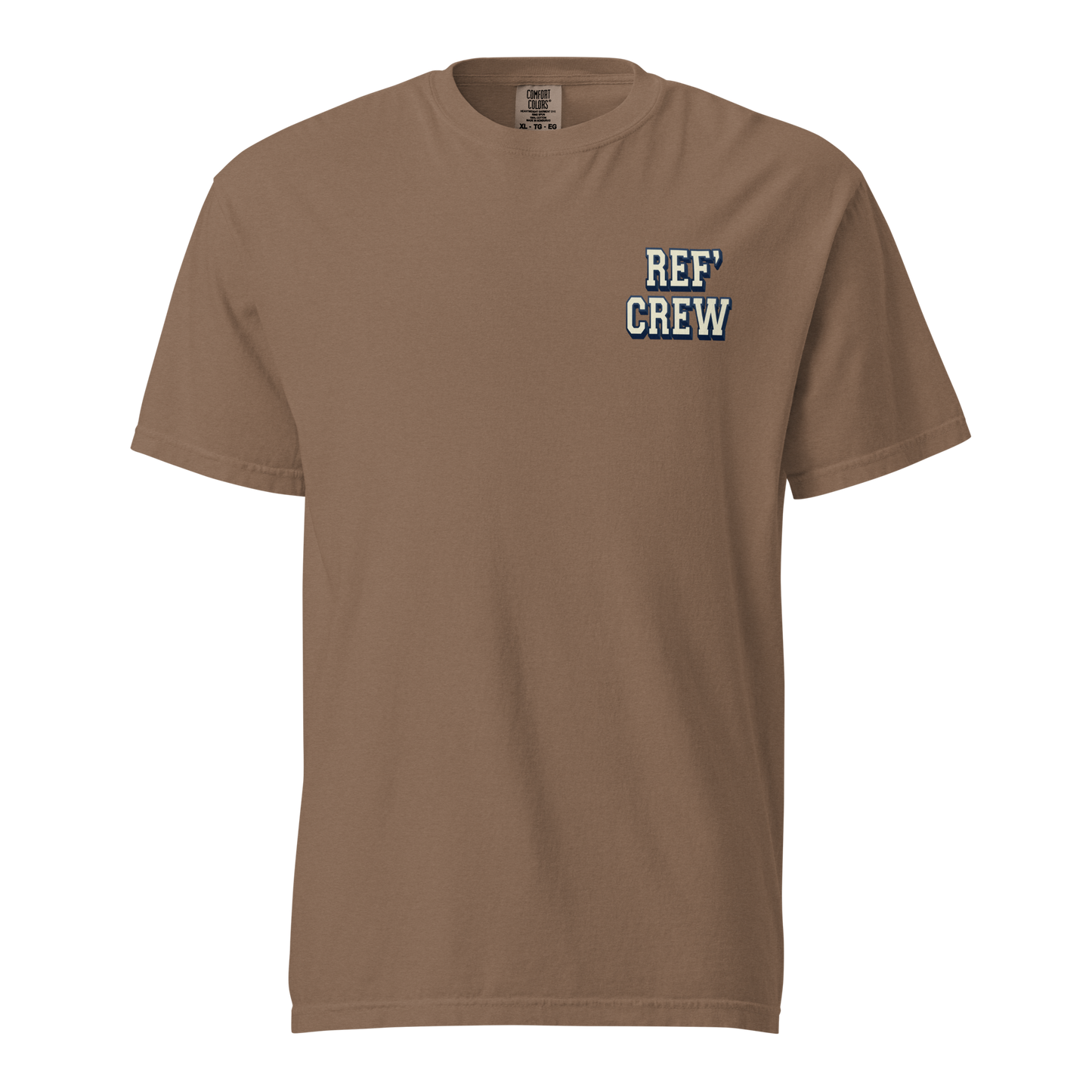 Heritage Heavyweight Ref' Crew Tee in brown, premium cotton, with blue and white chest graphic.