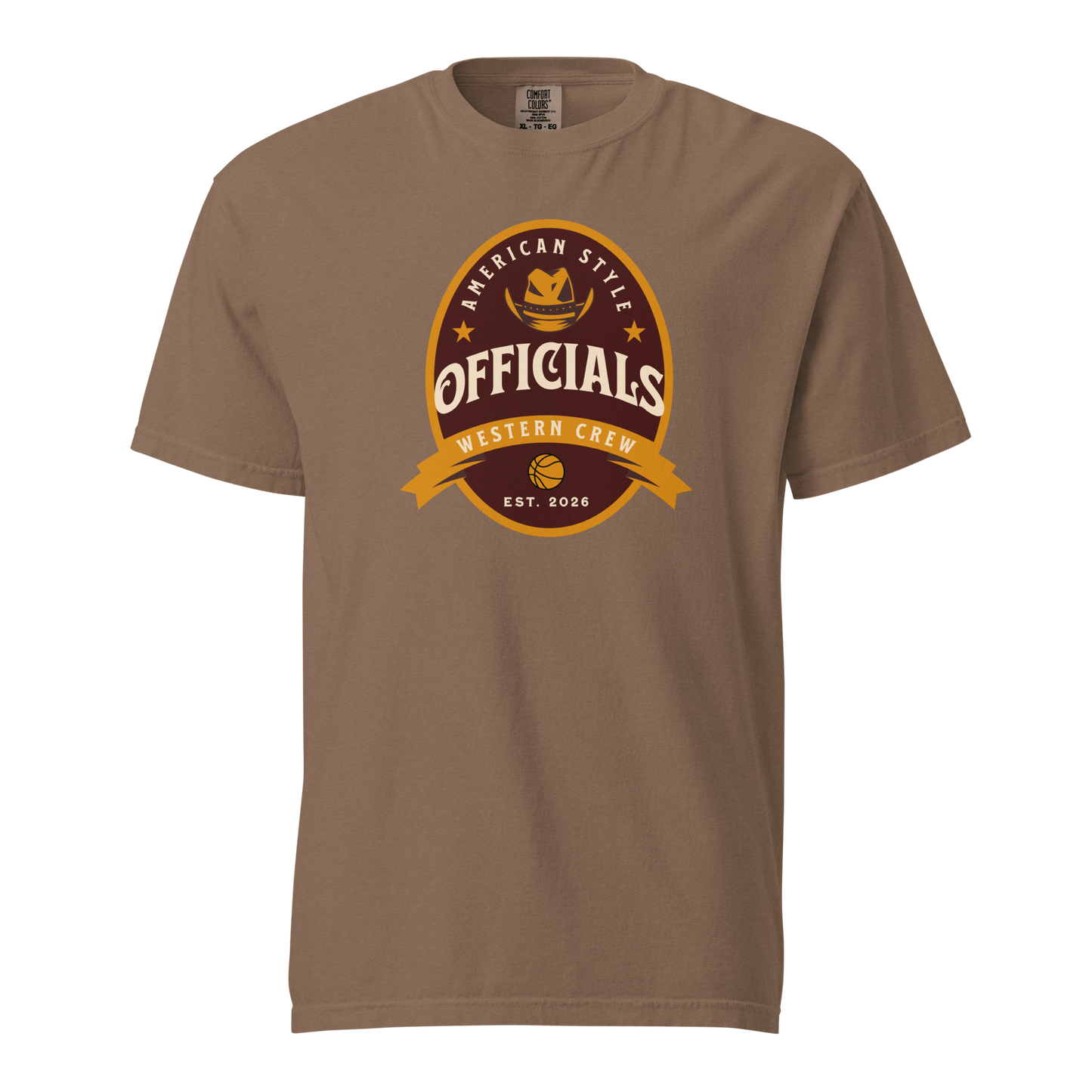 Brown Comfort Colors tee with "Officials Western Crew" vintage badge, cowboy hat, and basketball graphic.