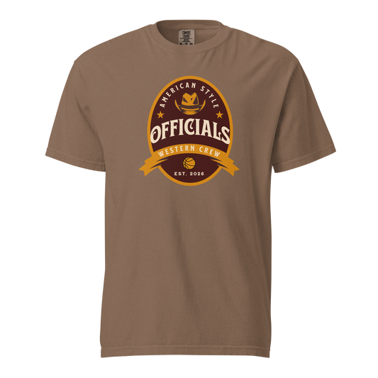 Brown Comfort Colors tee with "Officials Western Crew" vintage badge, cowboy hat, and basketball graphic.