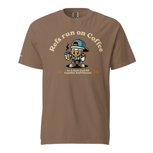 Pepper referee t-shirt with "Refs run on Coffee" and basketball official mascot. Ref' Crew sleeve detail.