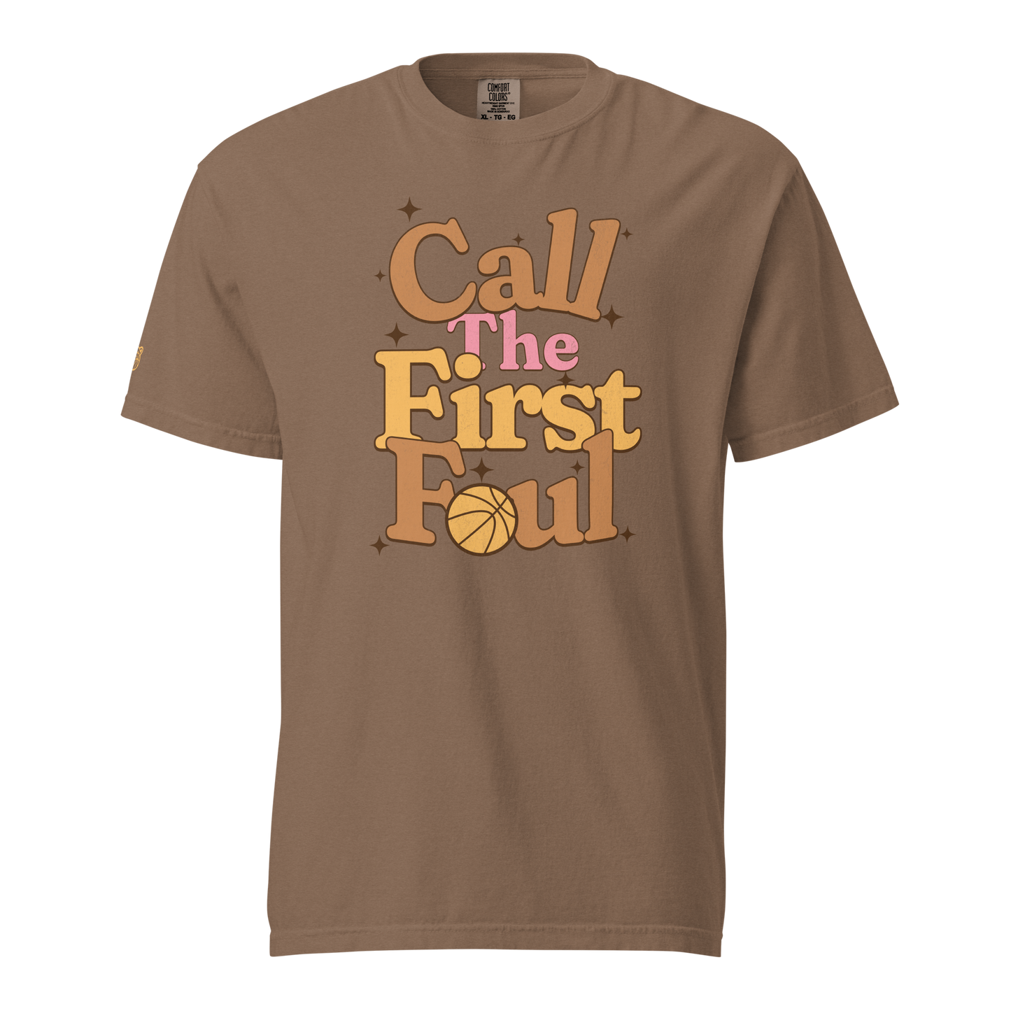 Call the First Foul referee basketball tee in Espresso brown with retro caramel, gold and pink lettering — front view