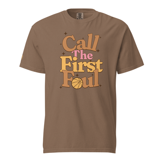 Call the First Foul referee basketball tee in Espresso brown with retro caramel, gold and pink lettering — front view