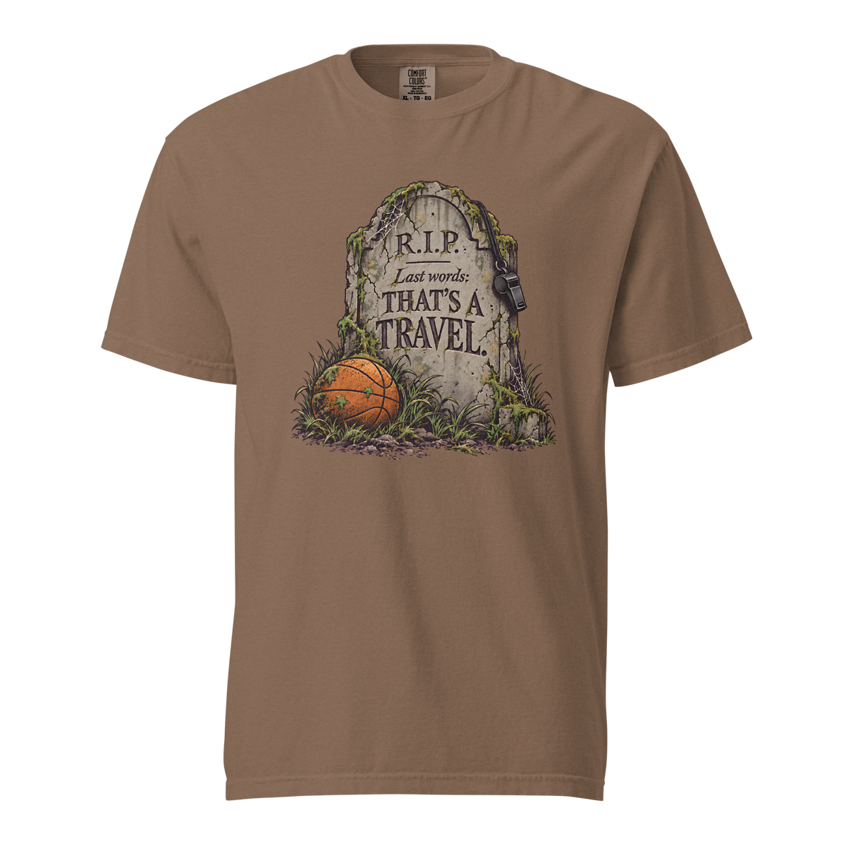 That's a Travel Tee in Espresso – front view, tombstone engraved "THAT'S A TRAVEL." with a whistle and basketball – Ref' Crew basketball referee Halloween tee