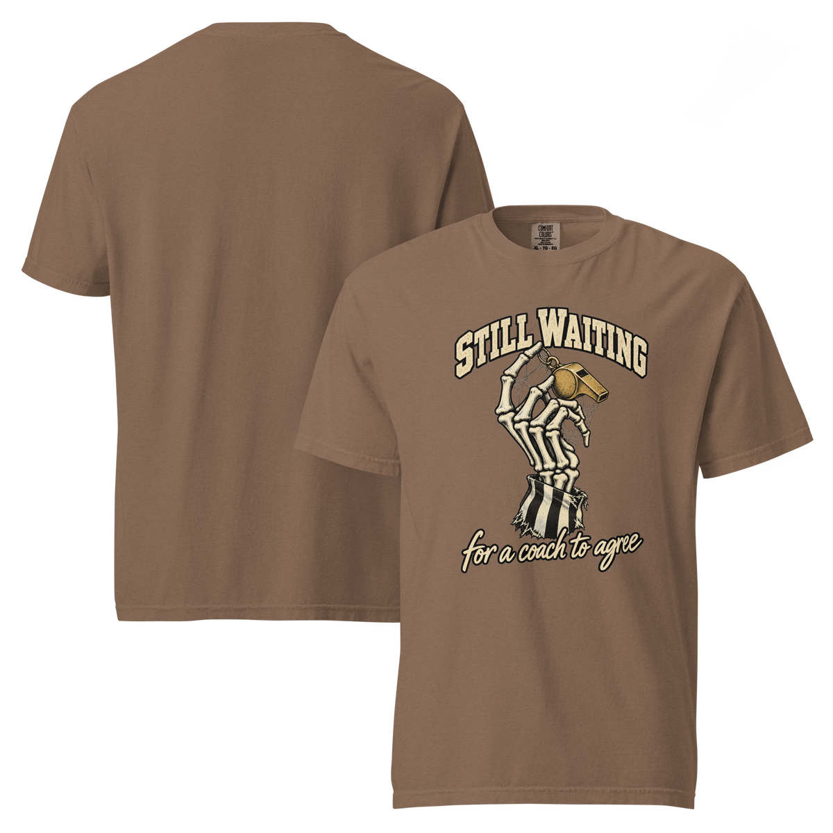 Still Waiting Tee in Espresso – front and back views, skeleton-hand chest print, plain back
