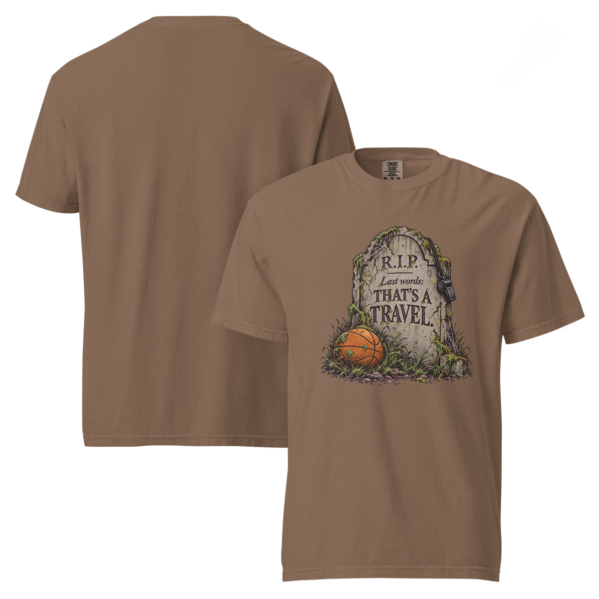 That's a Travel Tee in Espresso – front and back views, tombstone chest print, plain back