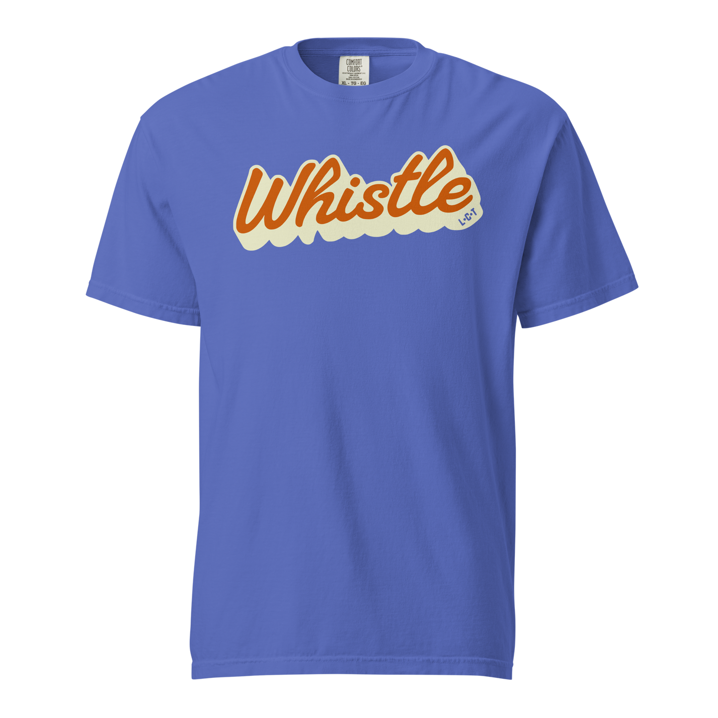 Blue Comfort Colors tee with retro "Whistle" script and L-C-T detail for basketball officials.