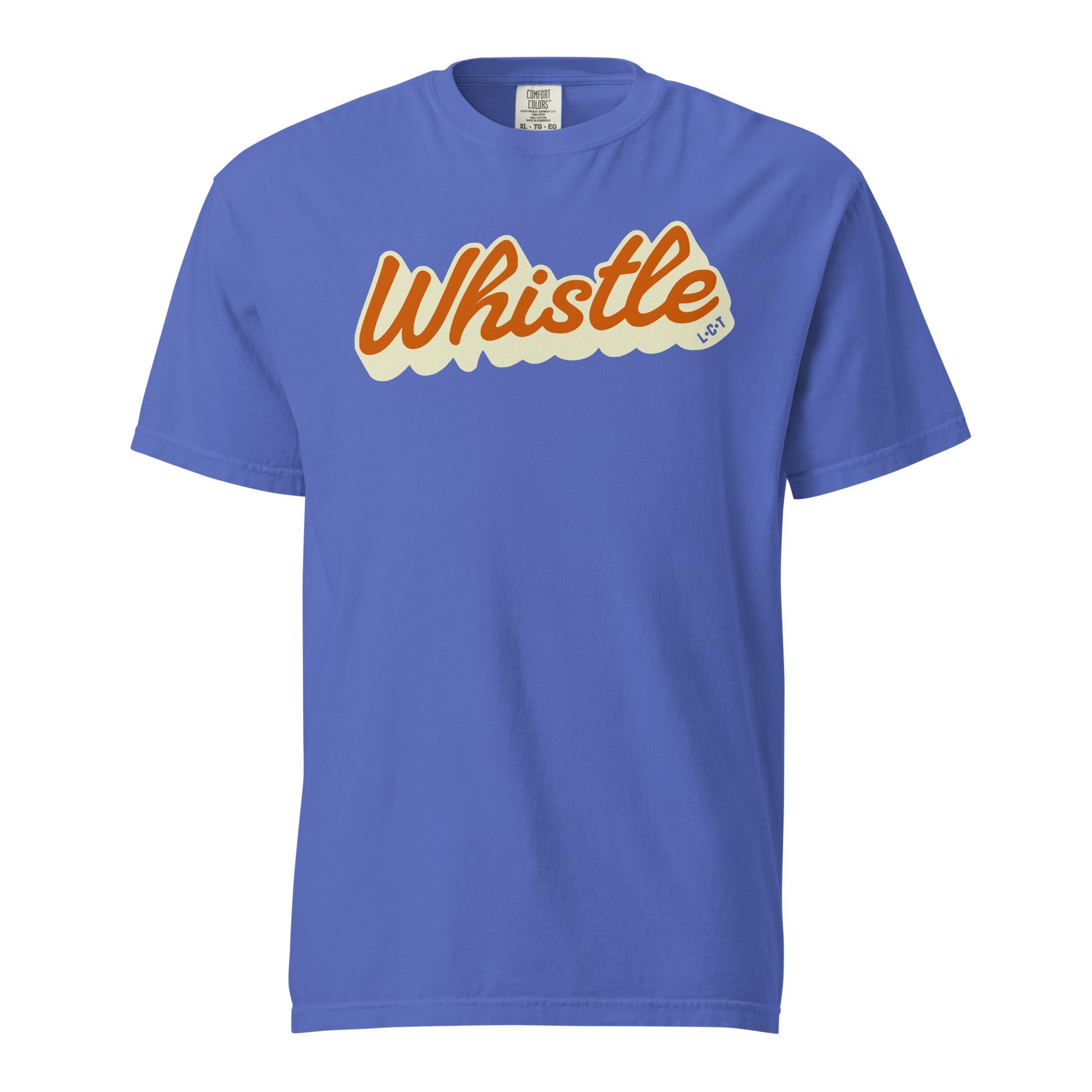 Blue Comfort Colors tee with retro "Whistle" script and L-C-T detail for basketball officials.