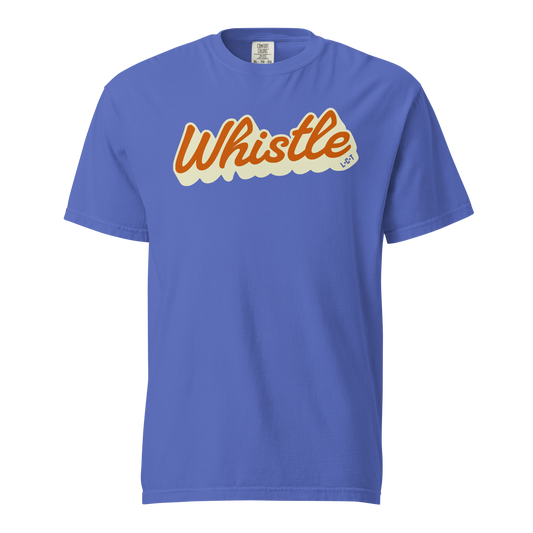 Blue Comfort Colors tee with retro "Whistle" script and L-C-T detail for basketball officials.