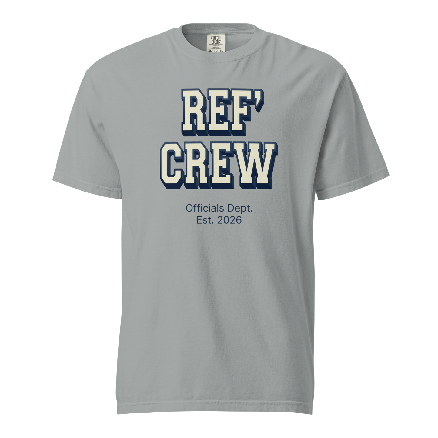 Premium grey Comfort Colors "Ref' Crew" officials tee with navy and cream text, XL size.