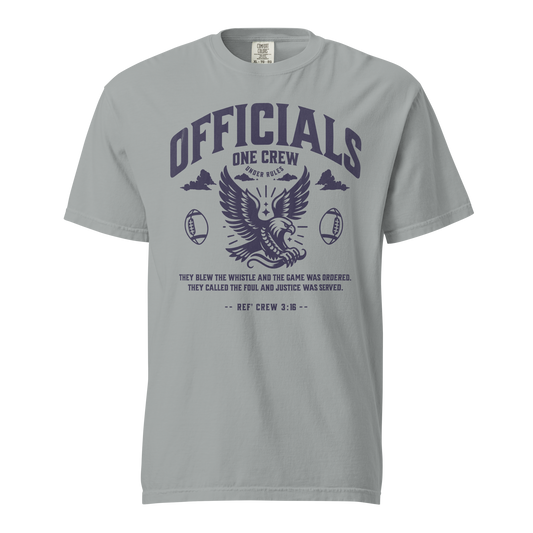 Granite grey Ref' Crew 3:16 Gridiron Edition referee t-shirt for football officials, college arch "One Crew Under Rules" typography with eagle and vintage football icons — front view