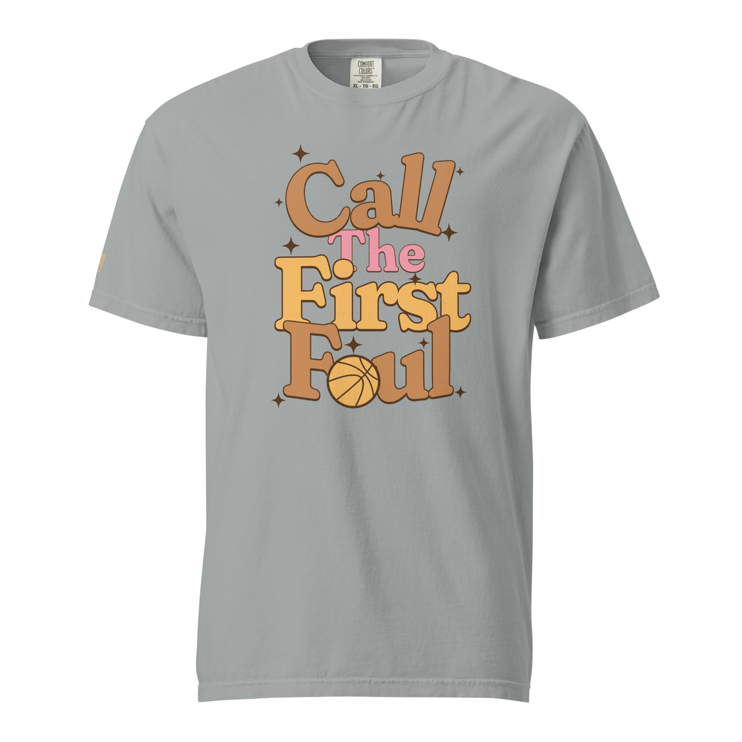 Call the First Foul referee basketball tee in Granite grey with retro caramel, gold and pink lettering — front view