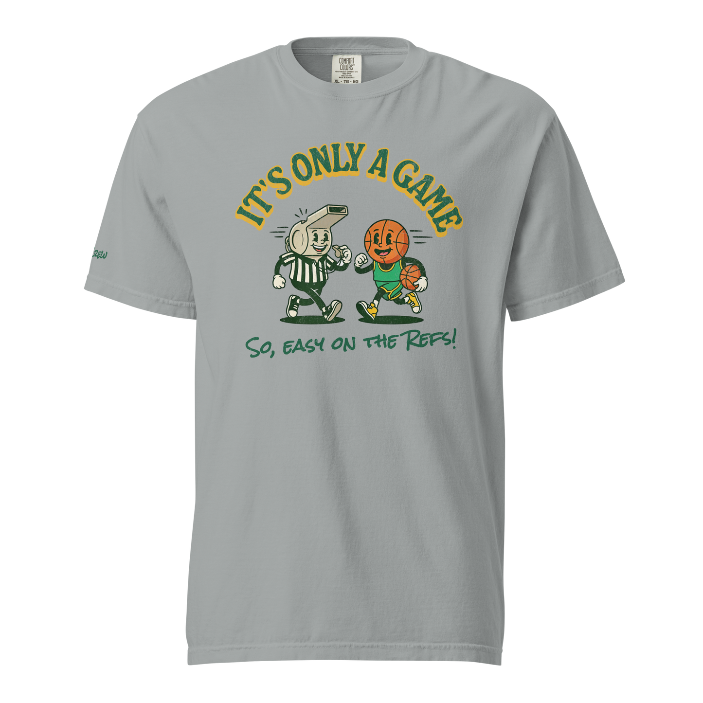 Easy on the Refs Tee in Granite grey — retro basketball referee t-shirt with vintage whistle and basketball mascots, front view — Ref' Crew