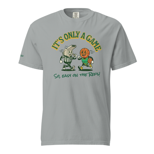 Easy on the Refs Tee in Granite grey — retro basketball referee t-shirt with vintage whistle and basketball mascots, front view — Ref' Crew