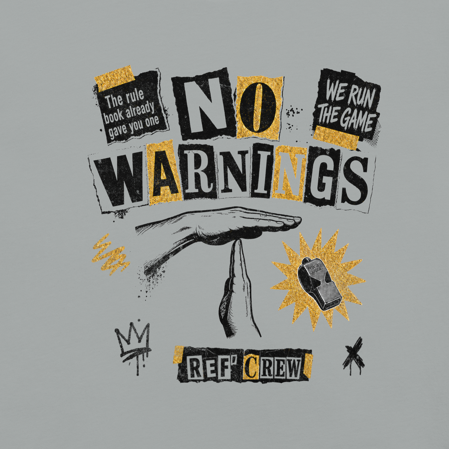 The No Warnings Tee in Granite — second front view of the ransom-note collage print.