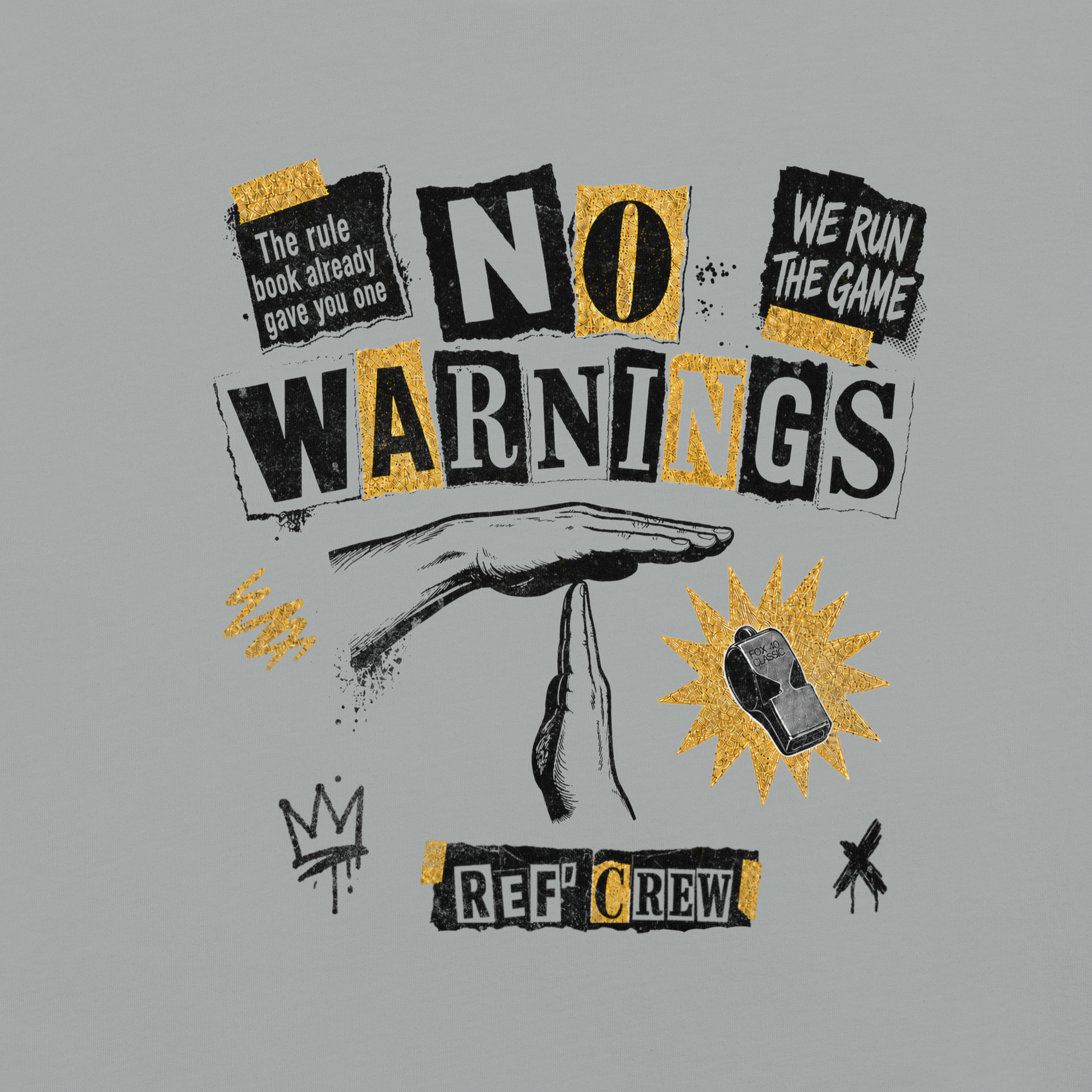 The No Warnings Tee in Granite — second front view of the ransom-note collage print.