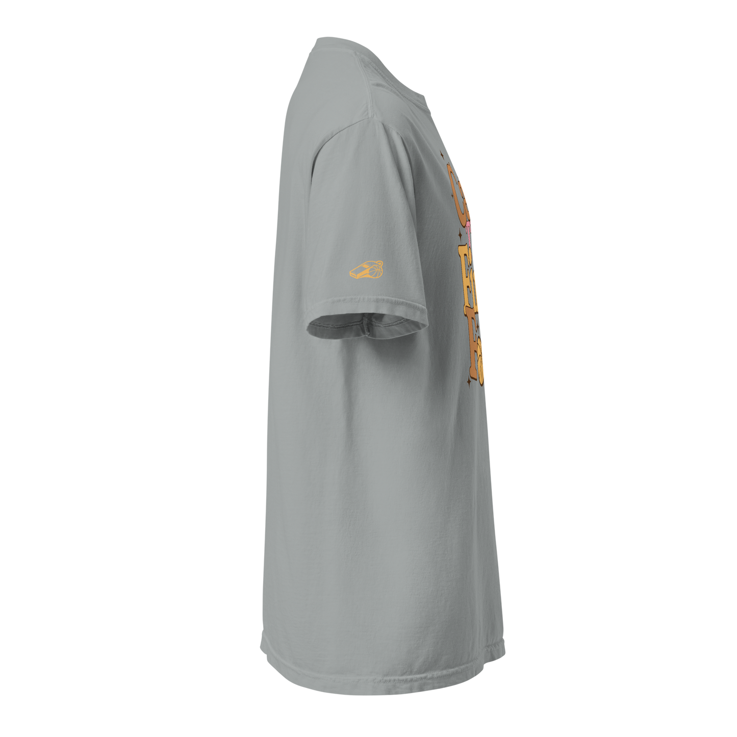 Call the First Foul referee basketball tee in Granite grey — side view with whistle sleeve print