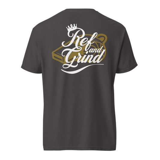 Graphite Ref' Crew Ref & Grind Royal referee t-shirt, hand-script lettering with a royal crown and gold whistle-and-ball emblem — back view