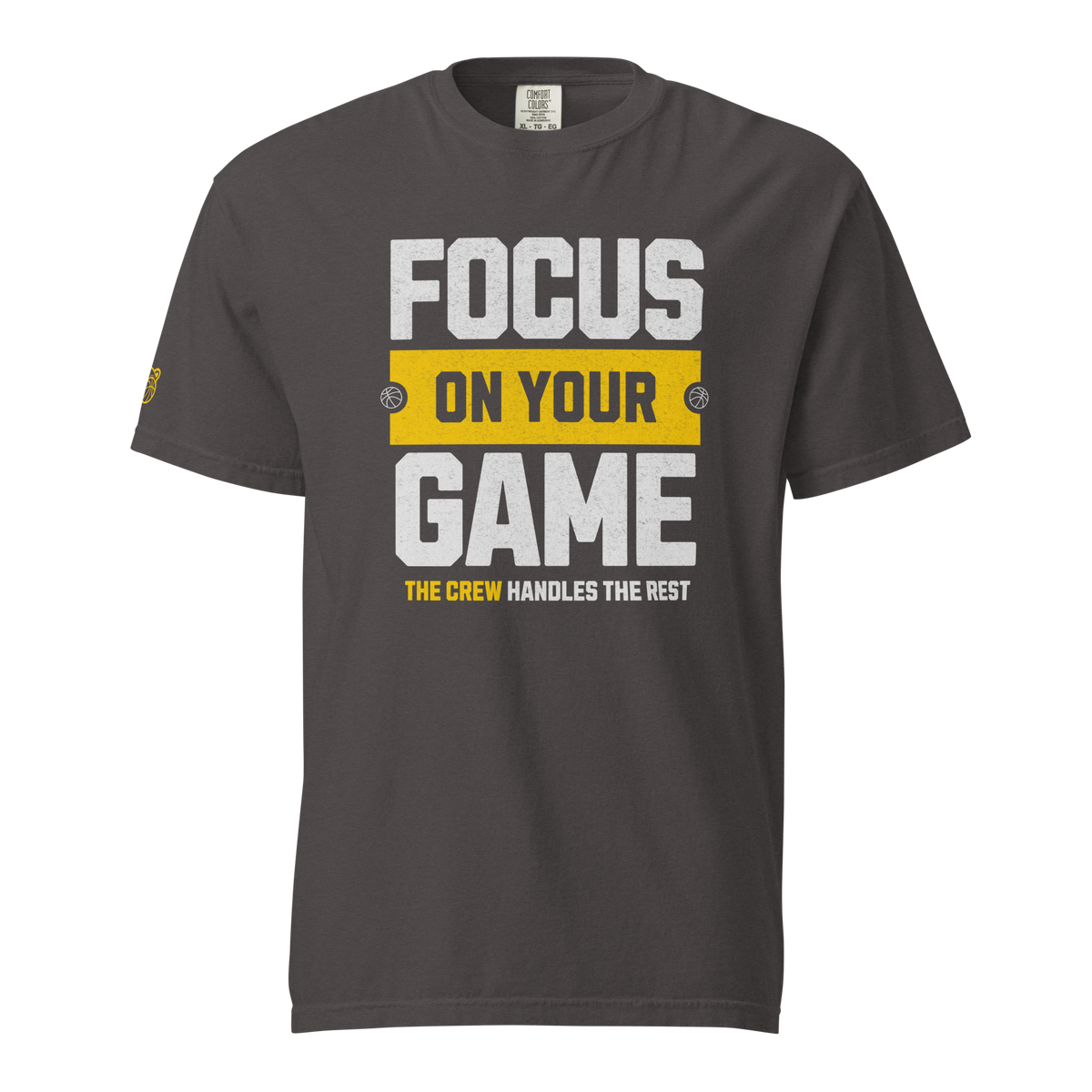 Graphite Comfort Colors referee t-shirt for basketball officials, featuring "FOCUS ON YOUR GAME" distressed print and Ref' Crew sleeve detail.