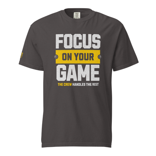 Graphite Comfort Colors referee t-shirt for basketball officials, featuring "FOCUS ON YOUR GAME" distressed print and Ref' Crew sleeve detail.