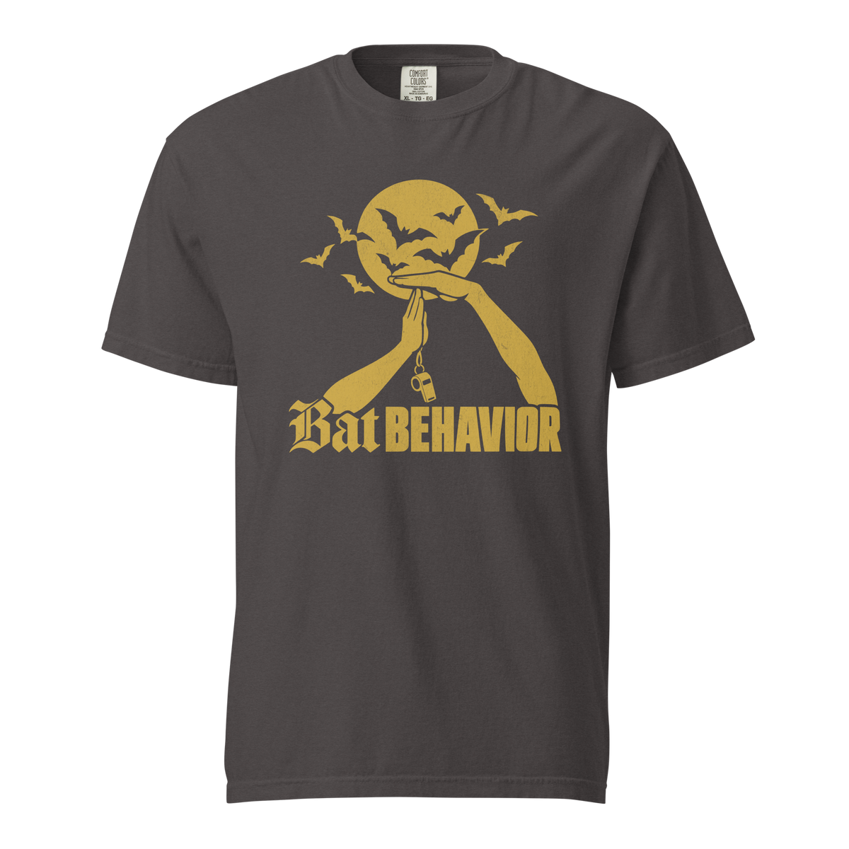 Bat Behavior Tee in Graphite – front view, gold technical-foul T in front of a full moon with bats – Ref' Crew basketball referee Halloween tee
