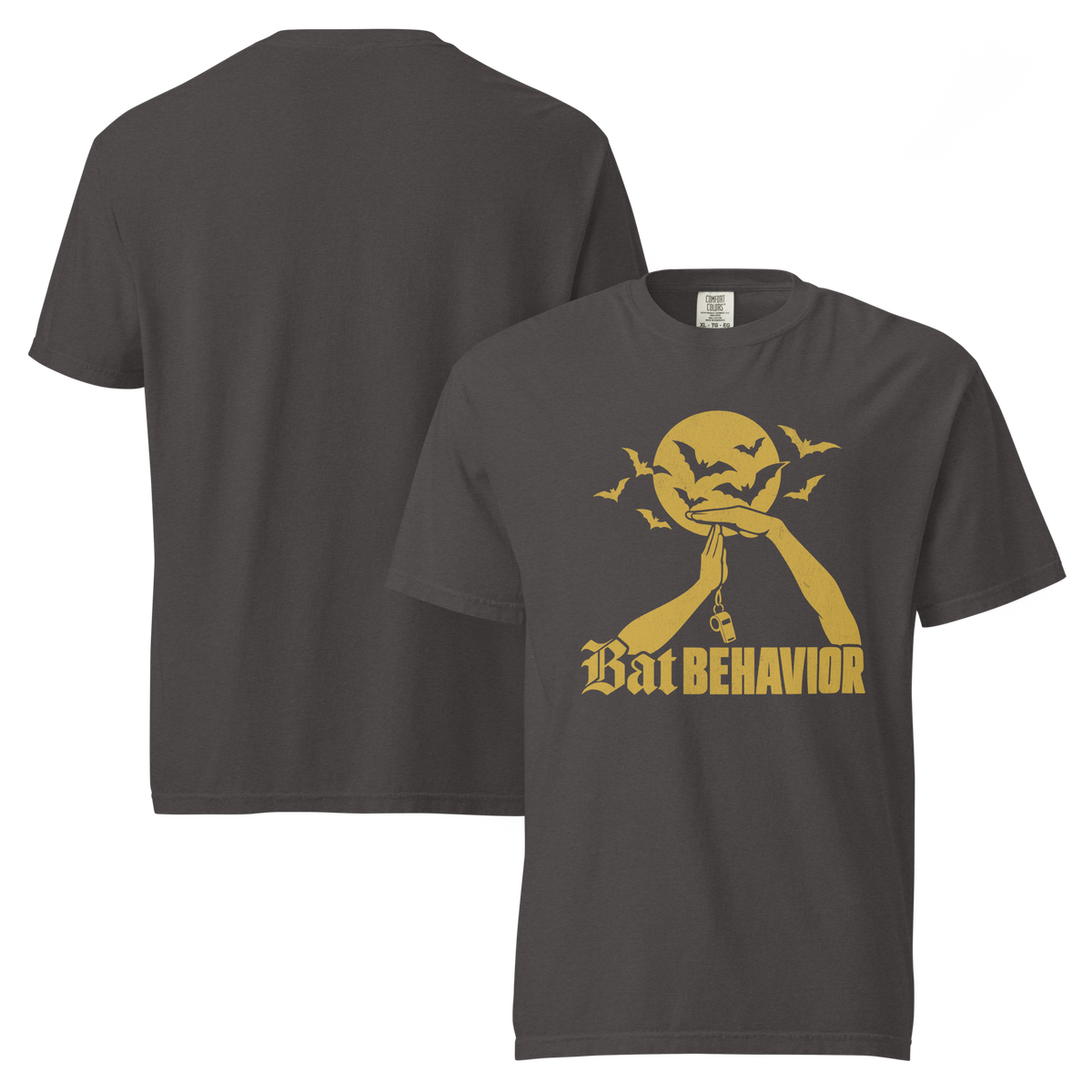 Bat Behavior Tee in Graphite – front and back views, gold chest print, plain back