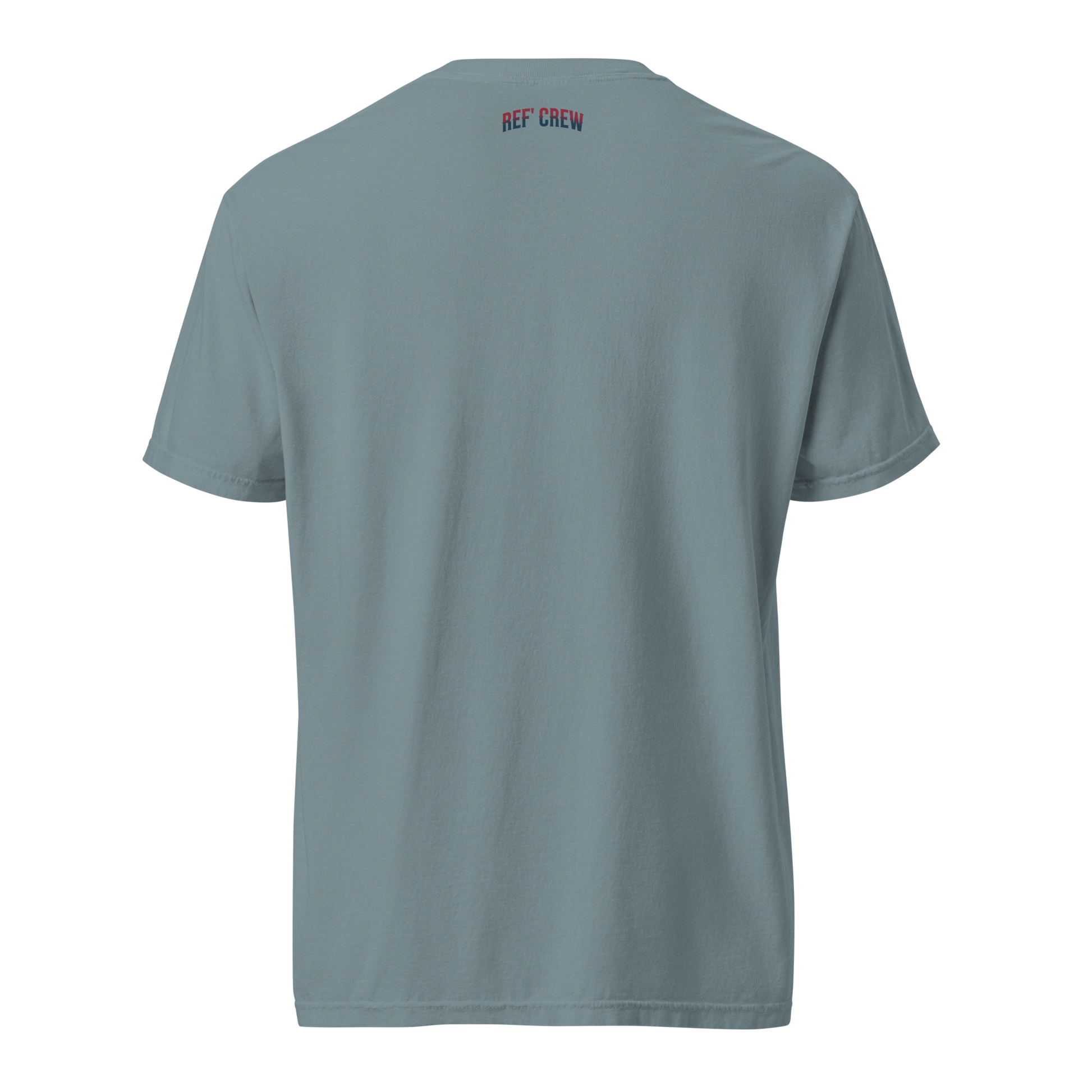 Back of a grey Comfort Colors 1717 heavyweight cotton tee with "REF' CREW" in red and blue on the neck.