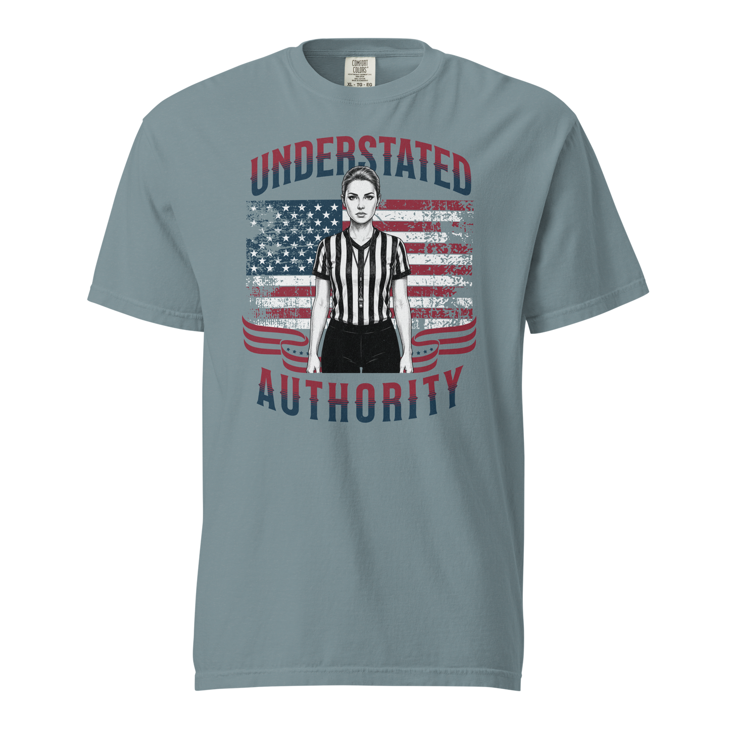 Comfort Colors Understated Authority Tee, a blue garment-dyed cotton shirt with a female referee and US flag graphic.