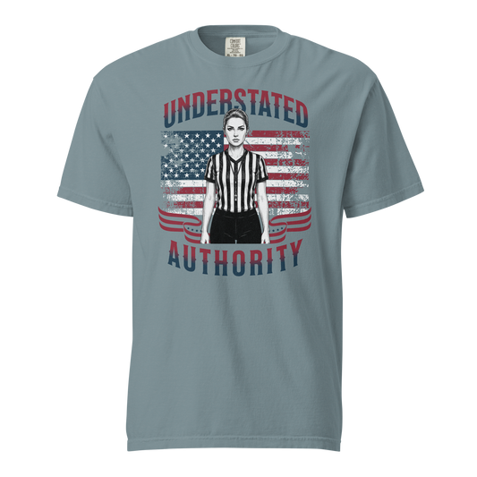 Comfort Colors Understated Authority Tee, a blue garment-dyed cotton shirt with a female referee and US flag graphic.