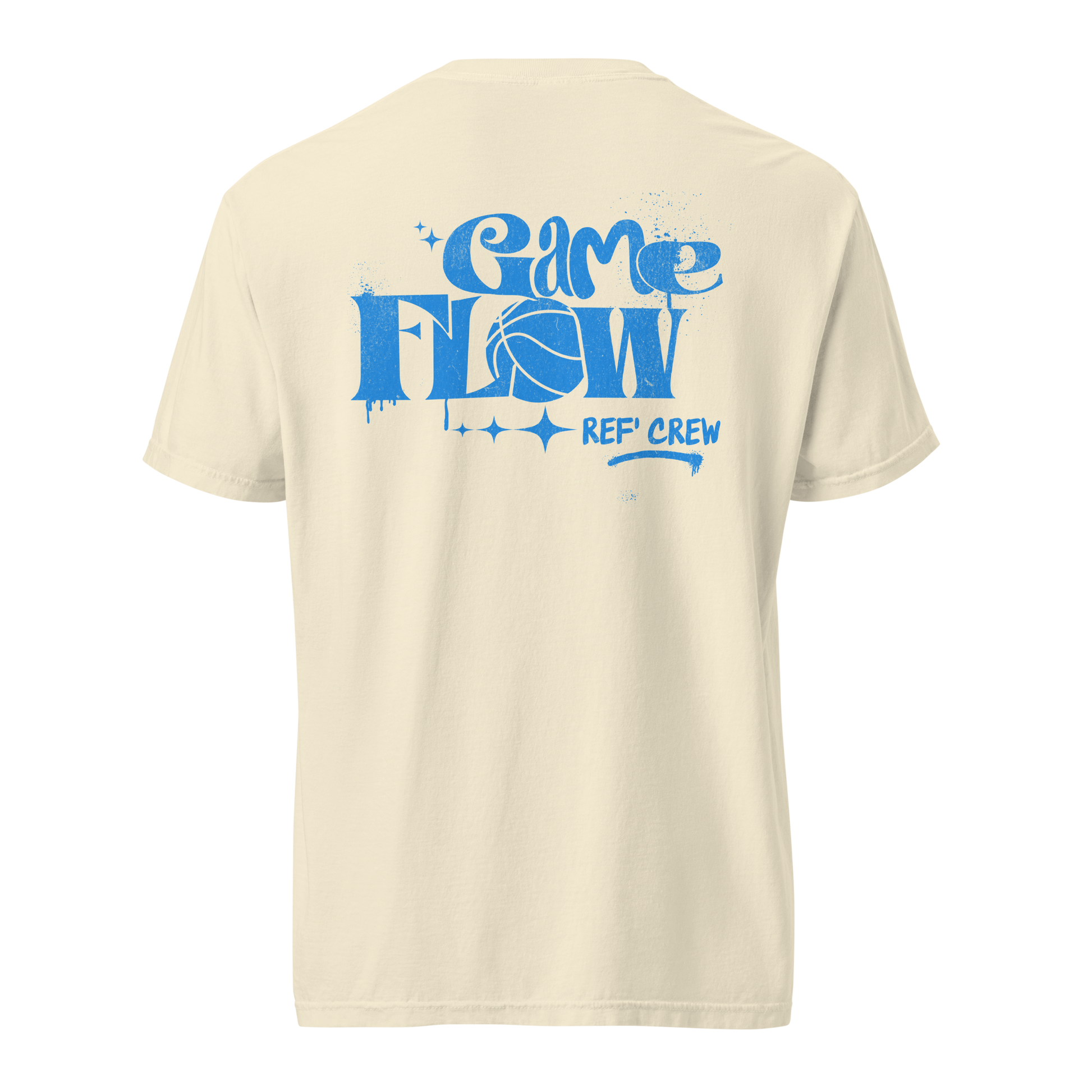 Ivory Game Flow Protocol cotton tee with blue graffiti-style "Game Flow REF' CREW" basketball graphic.