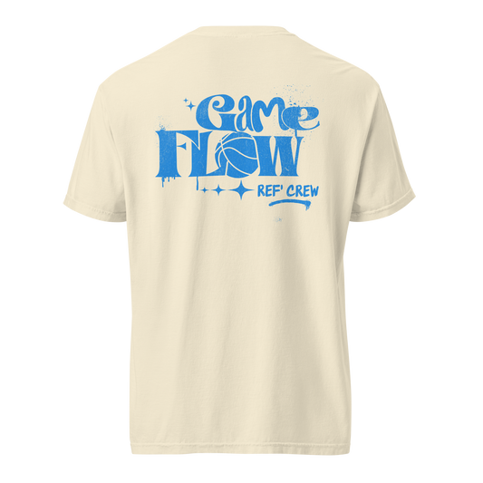 Ivory Game Flow Protocol cotton tee with blue graffiti-style "Game Flow REF' CREW" basketball graphic.