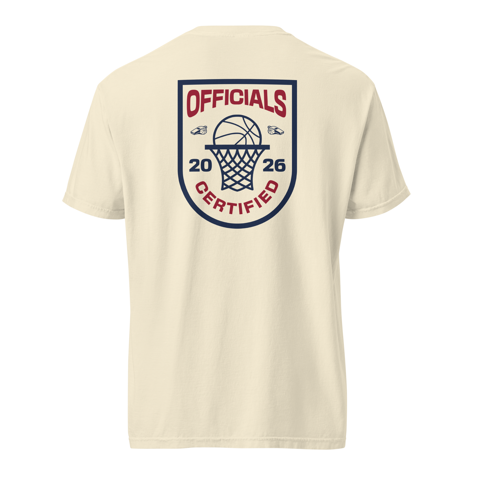 Ivory garment-dyed heavyweight tee, back view — full Ref' Crew Officials Certified crest badge in navy and burgundy with basketball and crossed whistles