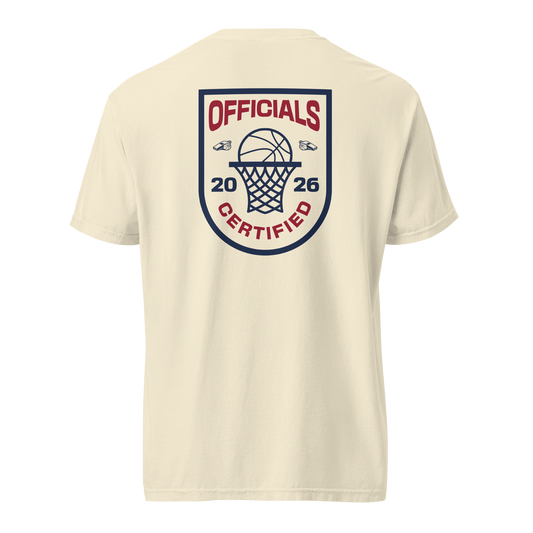 Ivory garment-dyed heavyweight tee, back view — full Ref' Crew Officials Certified crest badge in navy and burgundy with basketball and crossed whistles