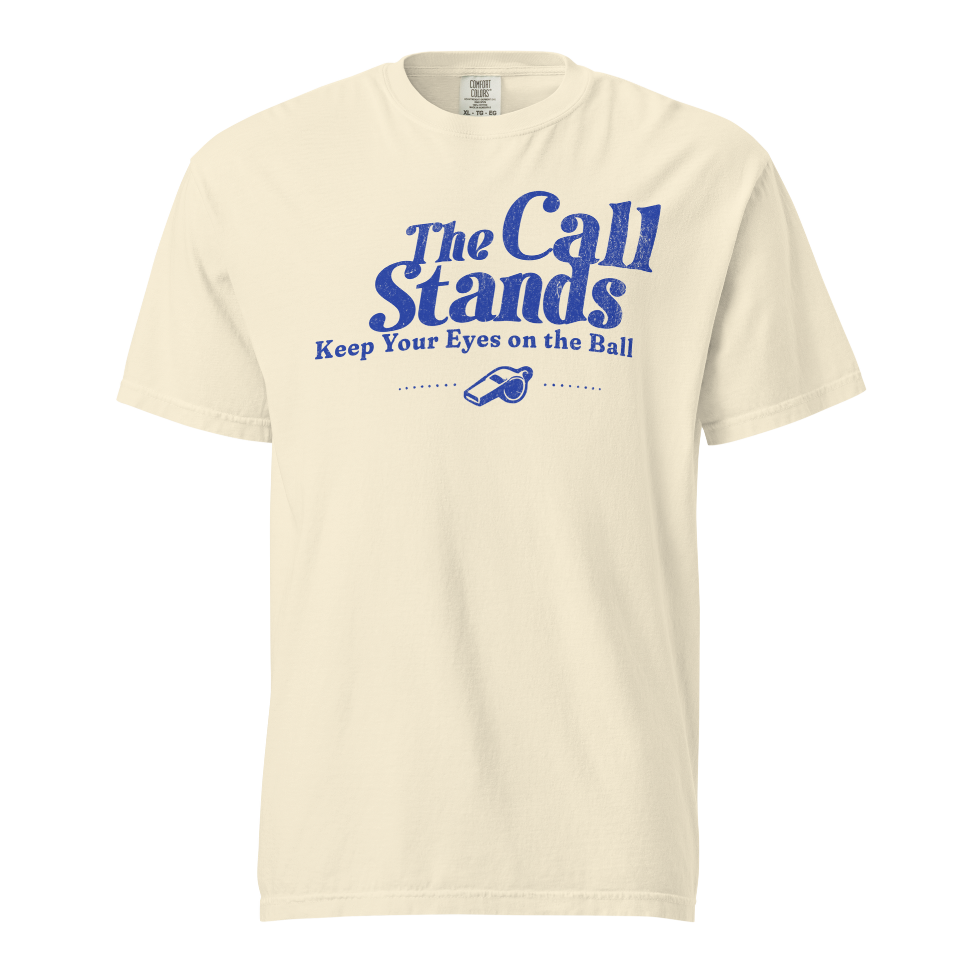 Heritage Blue "The Call Stands" graphic tee for basketball referees, premium heavyweight cotton, streetwear style.