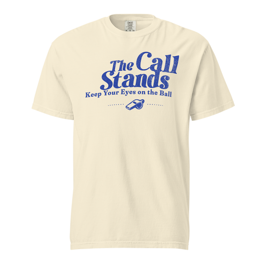 Heritage Blue "The Call Stands" graphic tee for basketball referees, premium heavyweight cotton, streetwear style.