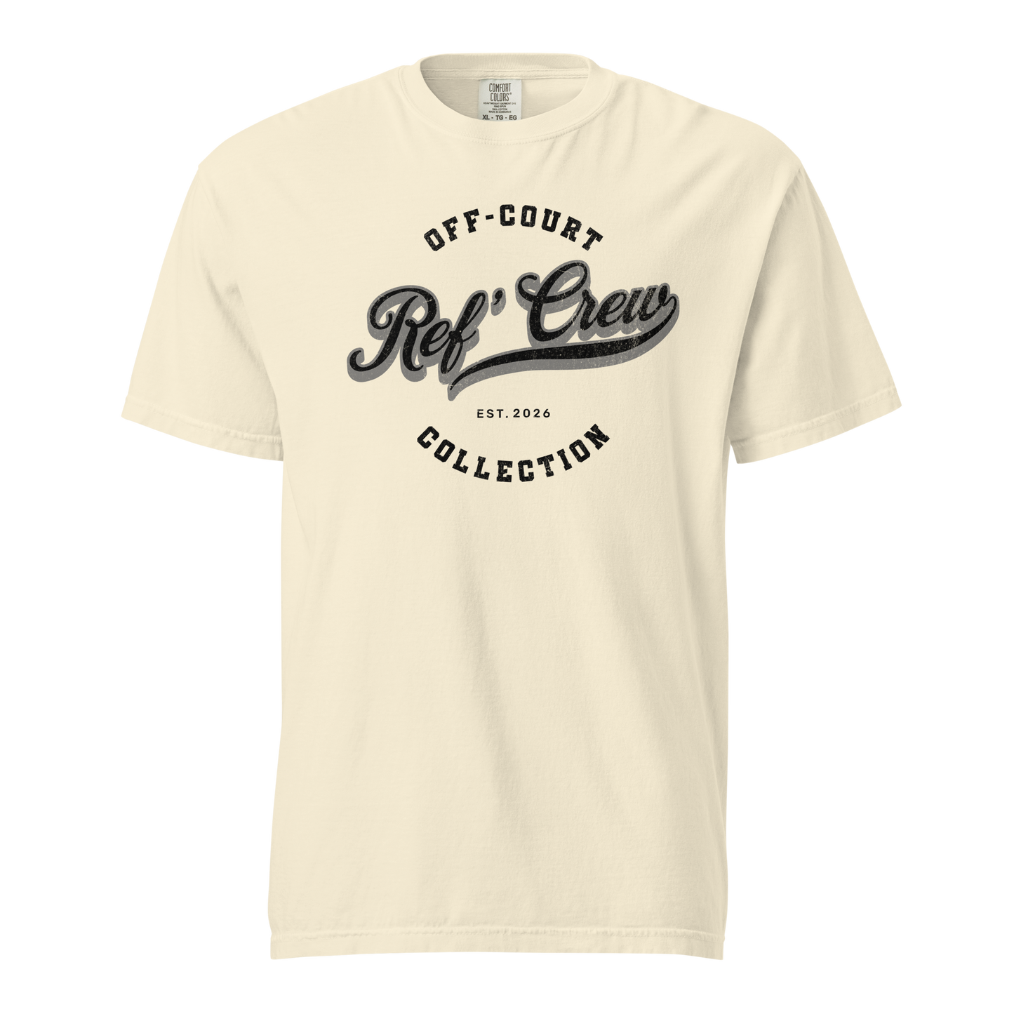 Gray Off-Court Ref' Crew Collection vintage tee, heavyweight cotton, distressed graphic, streetwear style.
