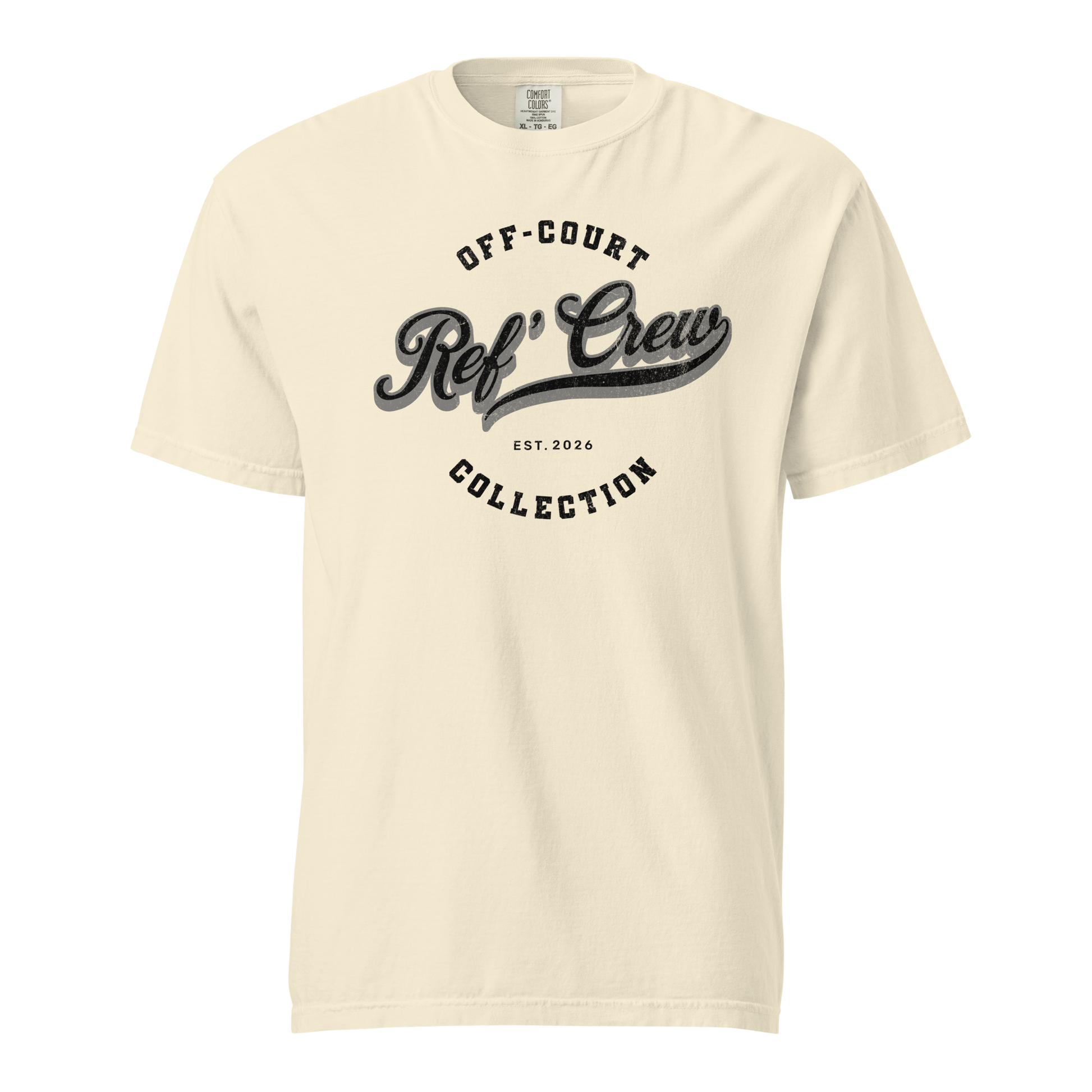 Gray Off-Court Ref' Crew Collection vintage tee, heavyweight cotton, distressed graphic, streetwear style.