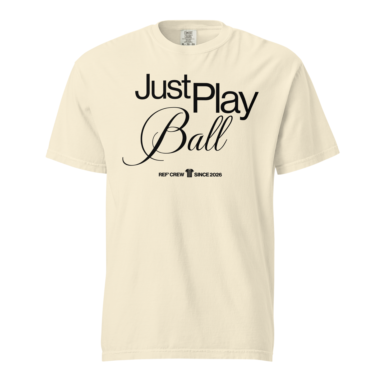 Cream Comfort Colors "Just Play Ball" tee with black mixed-typography graphic, ideal for basketball officials.