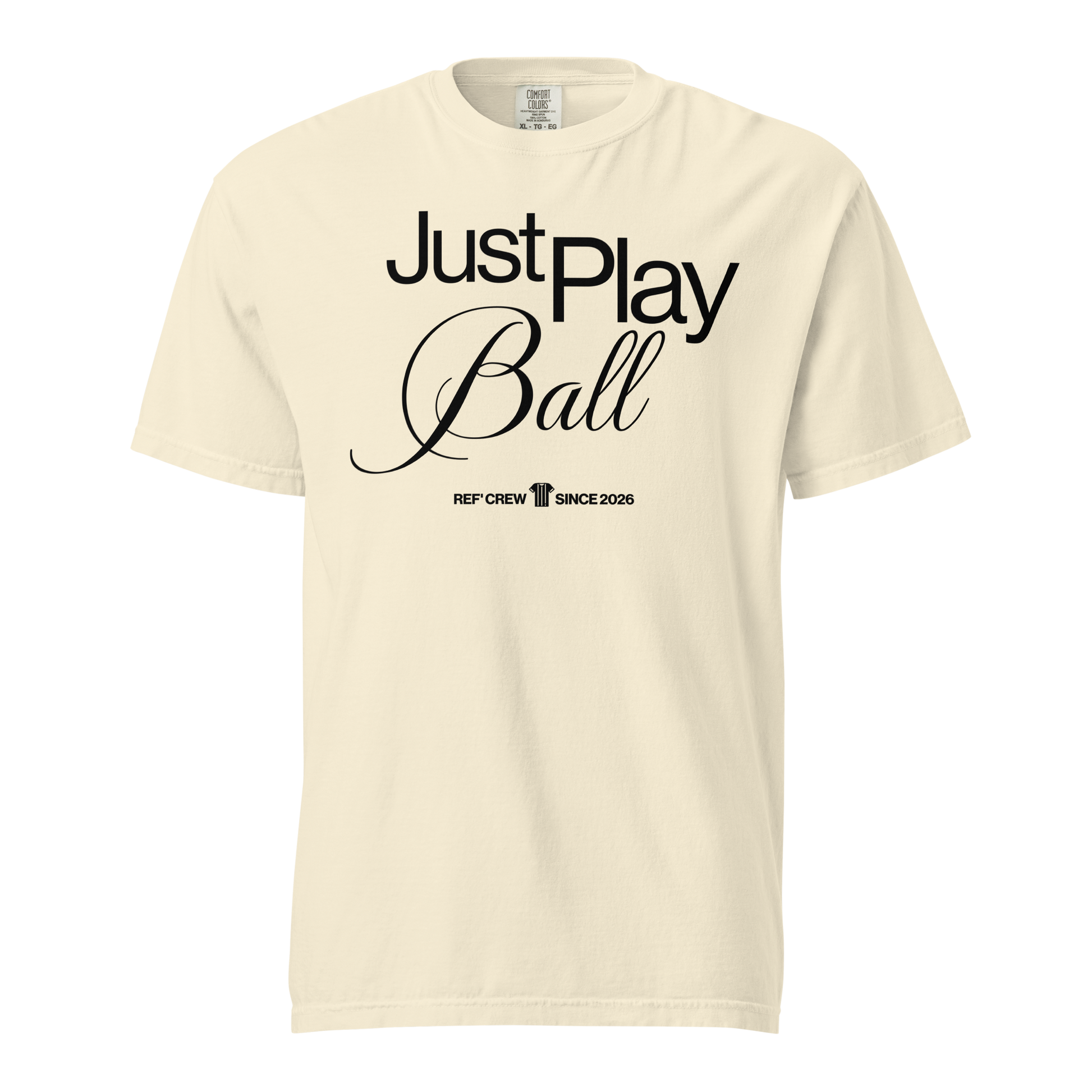 Cream Comfort Colors "Just Play Ball" tee with black mixed-typography graphic, ideal for basketball officials.