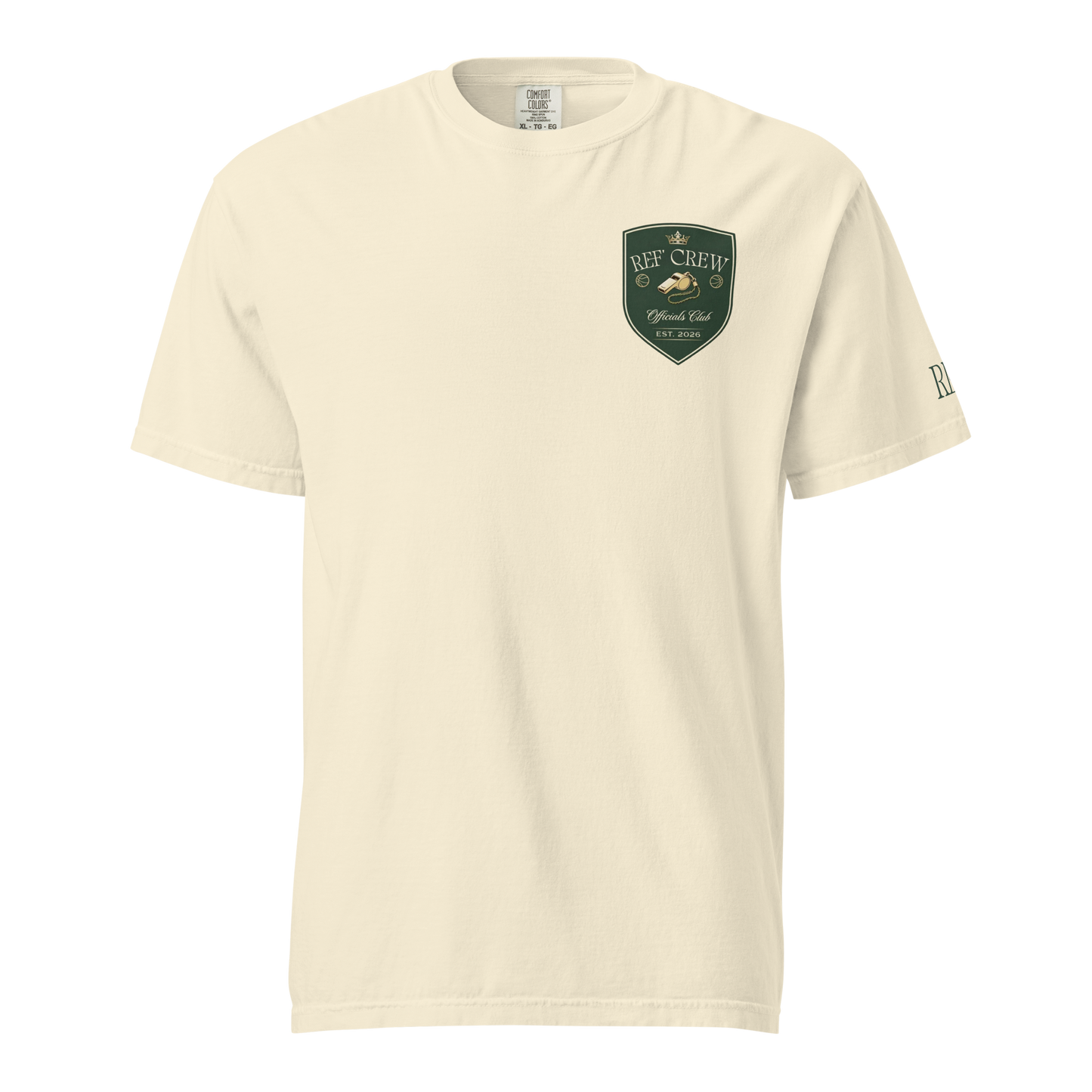 Heavyweight garment-dyed cream cotton tee with "Ref Crew Officials Club" forest green shield emblem.