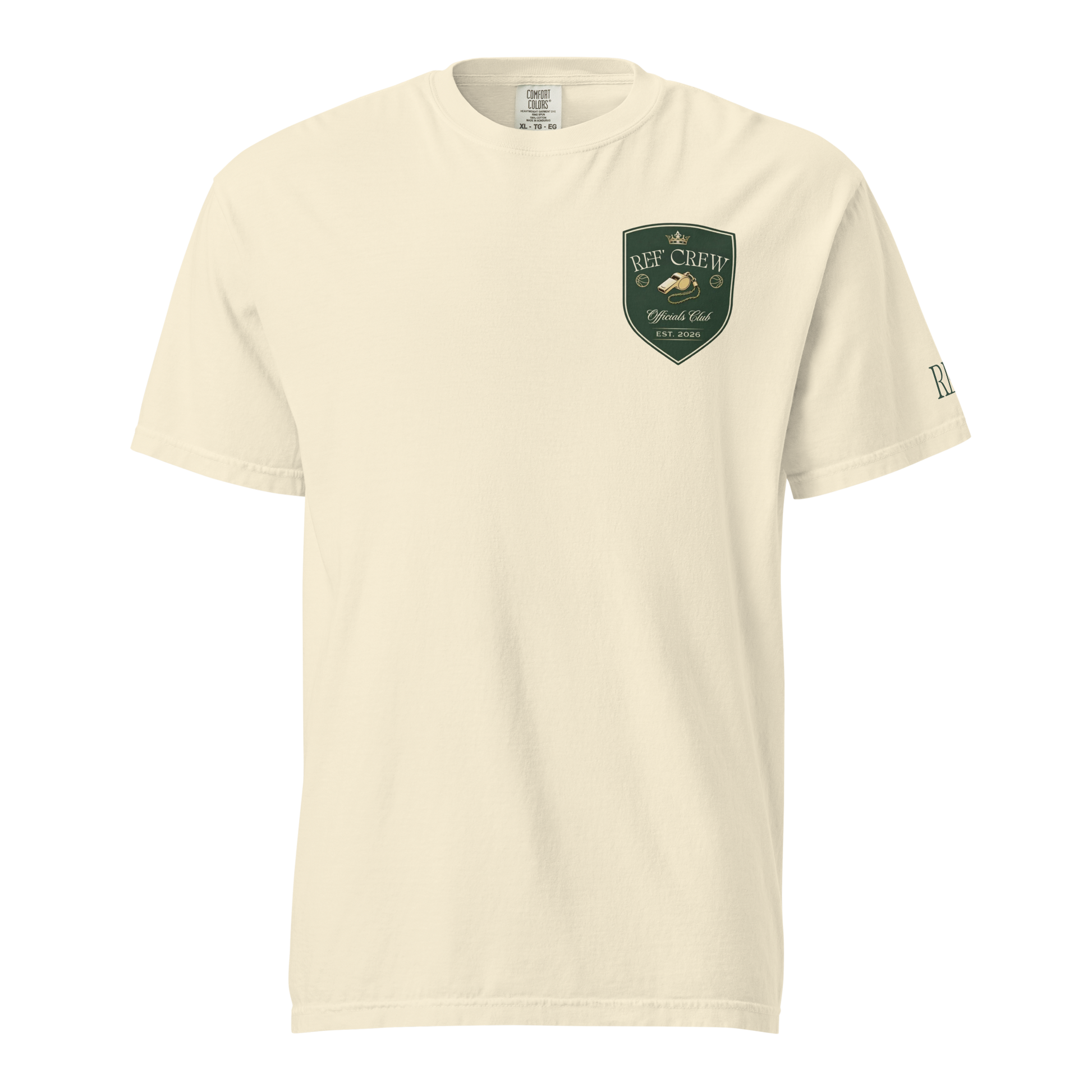 Heavyweight garment-dyed cream cotton tee with "Ref Crew Officials Club" forest green shield emblem.