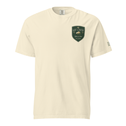 Heavyweight garment-dyed cream cotton tee with "Ref Crew Officials Club" forest green shield emblem.