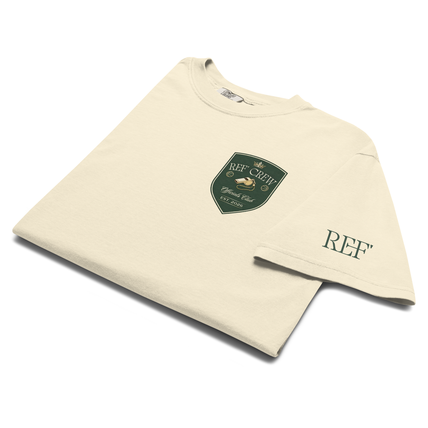 Premium vintage cream heavyweight cotton tee with "Ref' Crew" shield logo and "REF'" sleeve print.