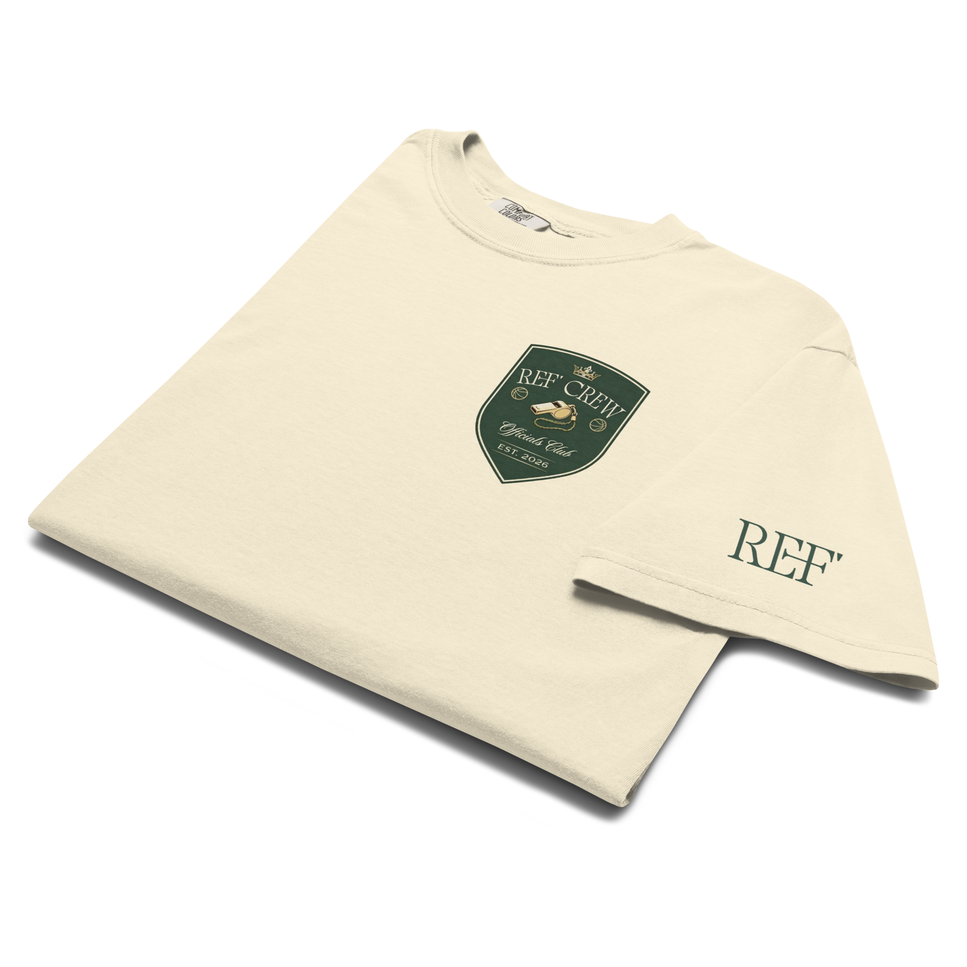 Premium vintage cream heavyweight cotton tee with "Ref' Crew" shield logo and "REF'" sleeve print.