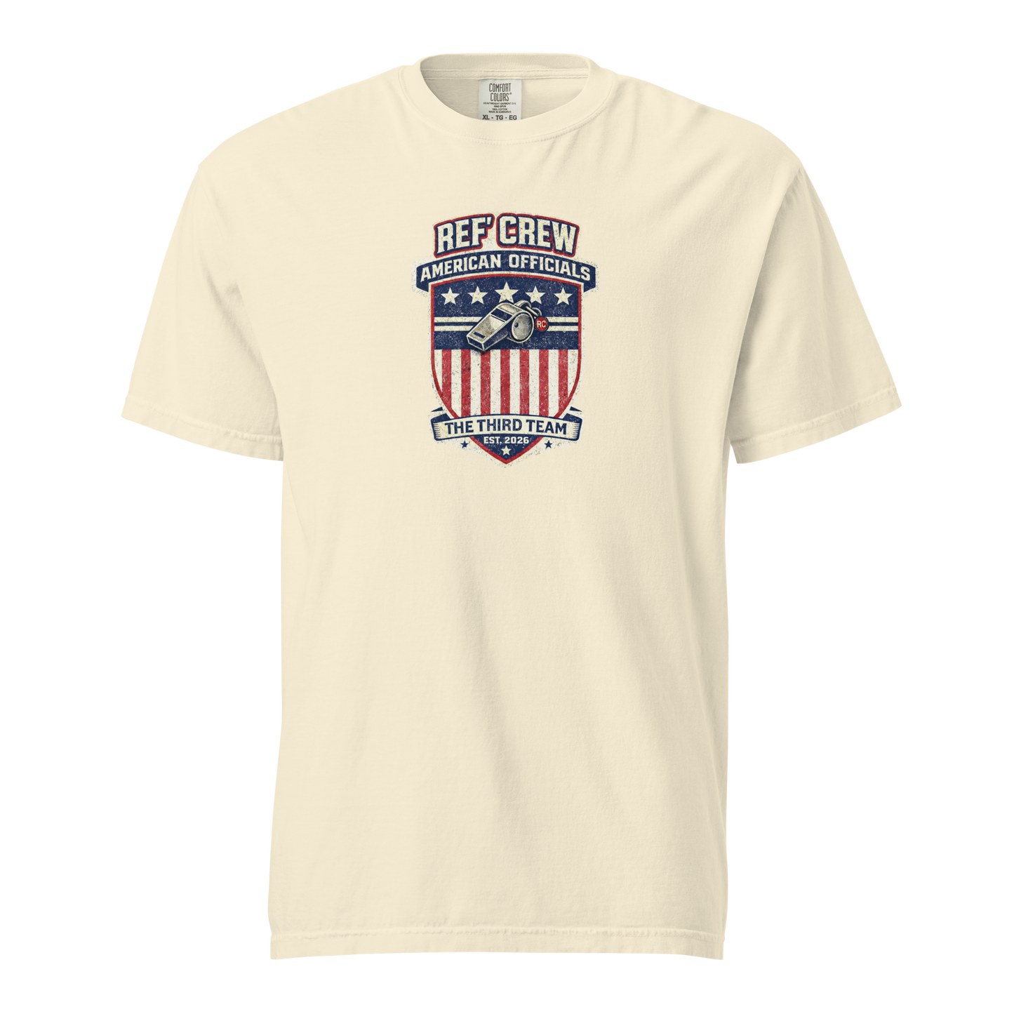 Premium heavyweight cream cotton tee with "American Legacy" Ref' Crew crest, whistle, and "The Third Team" design.