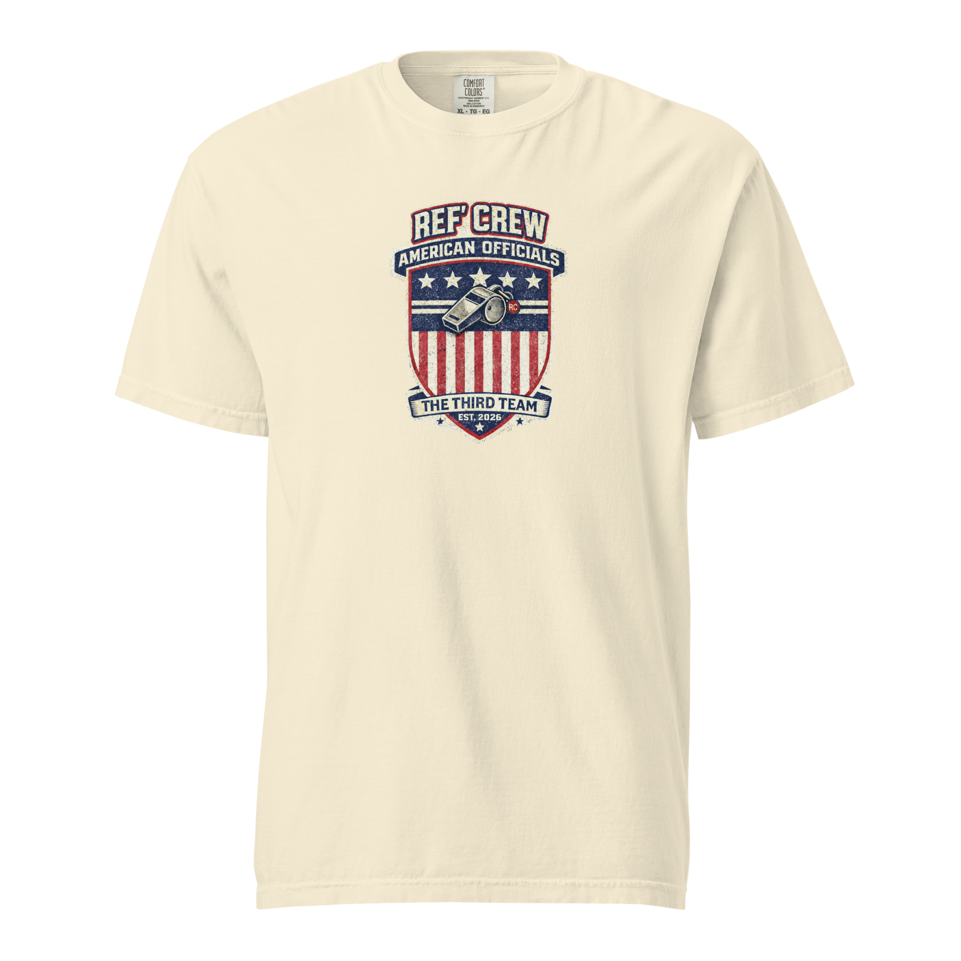 Premium heavyweight cream cotton tee with "American Legacy" Ref' Crew crest, whistle, and "The Third Team" design.