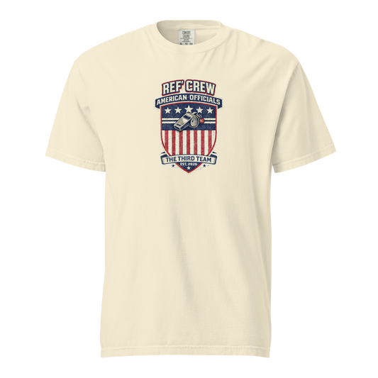 Premium heavyweight cream cotton tee with "American Legacy" Ref' Crew crest, whistle, and "The Third Team" design.