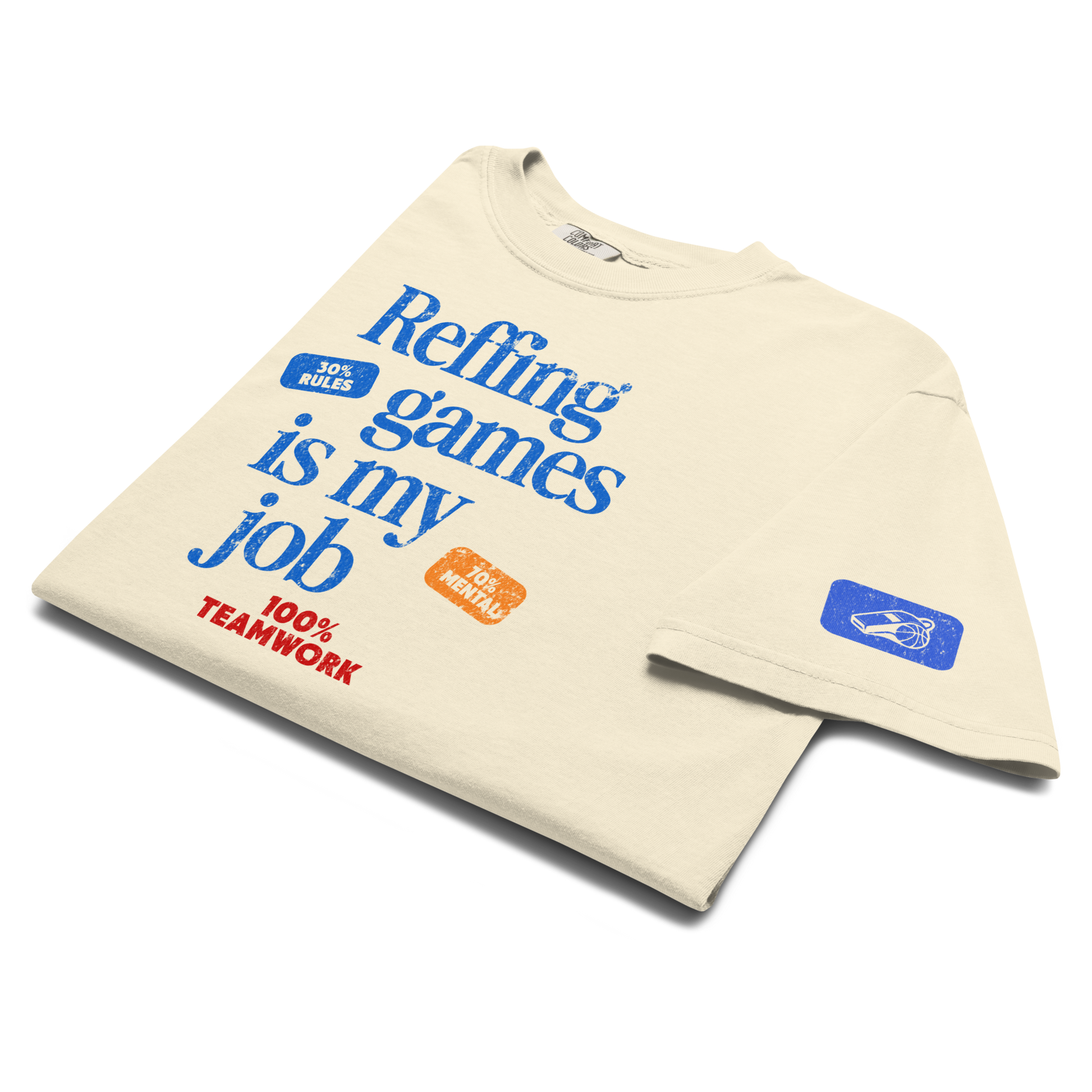Cream "Manifesto" Performance Tee for referees, featuring blue and orange text, a sleeve patch, and premium cotton.