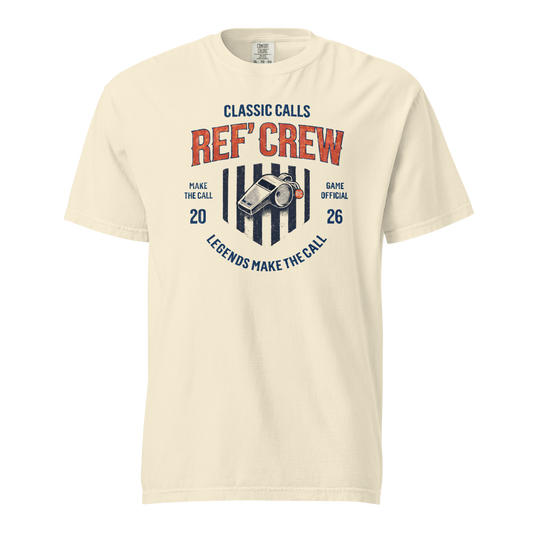 Cream Comfort Colors "Ref' Crew" tee with vintage whistle graphic, perfect for basketball officials.