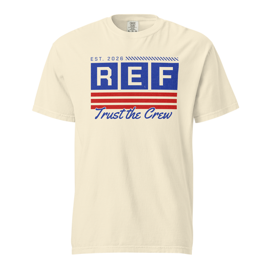 Ivory Heritage Tee for basketball referees, featuring "REF Trust the Crew" graphic in retro red, white, and blue.