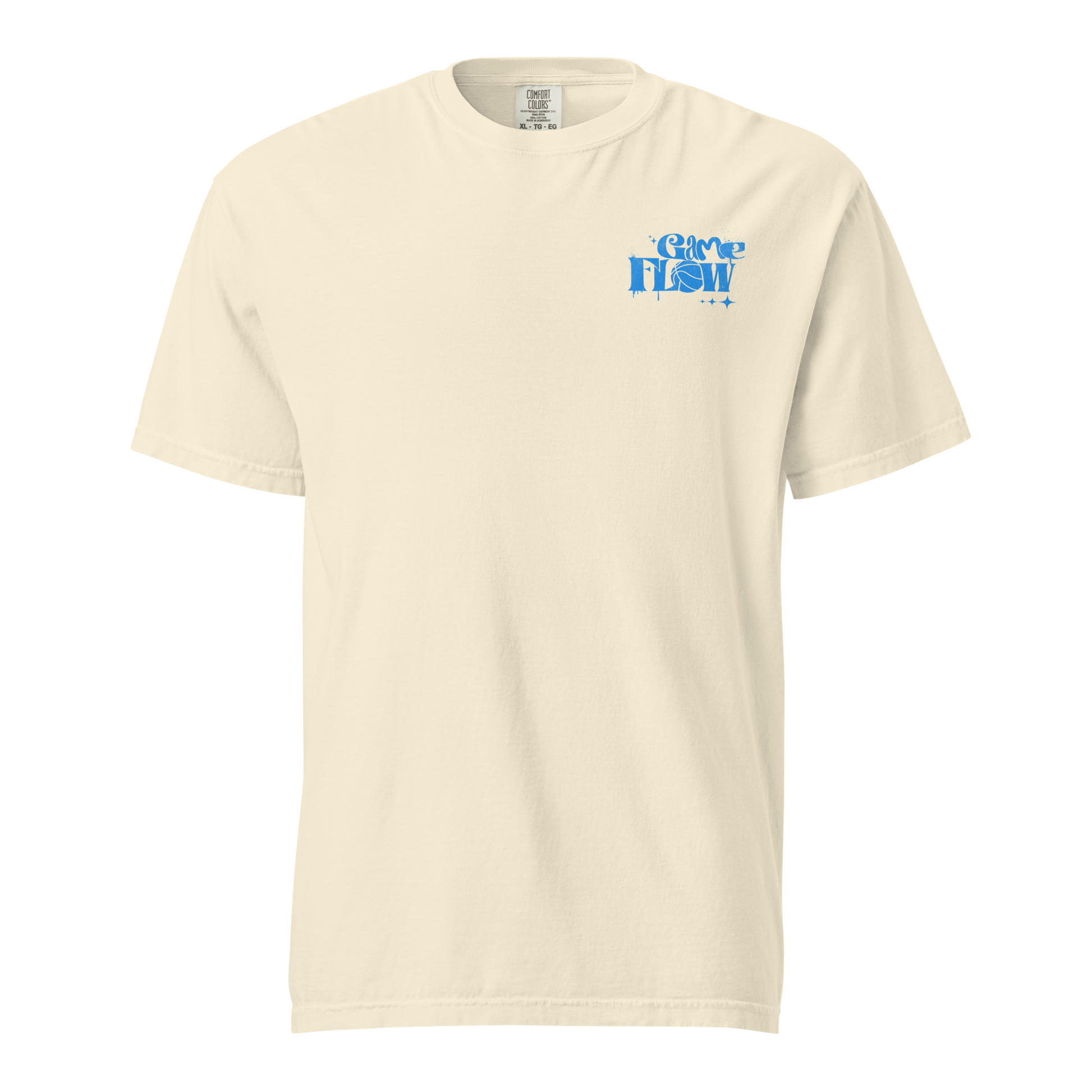 Ivory Comfort Colors Game Flow Protocol t-shirt with blue graffiti-style chest logo, premium streetwear for referees.